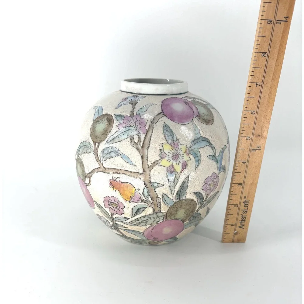 Vintage Chinoiserie Floral & Peach Motif Ceramic Globe Vase